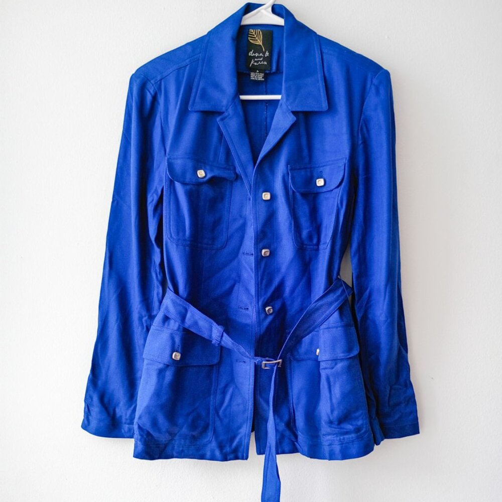 Dana B & Karen 100% Silk Royal Blue Belted Button-Up Shirt Jacket Women's Size 2